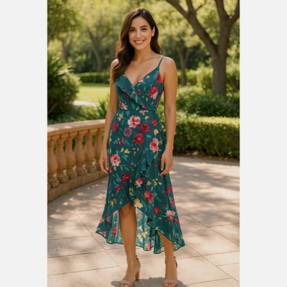 NWT A Byer Women’s Floral One Shoulder Midi Dress Size Medium Asymmetrical Hem